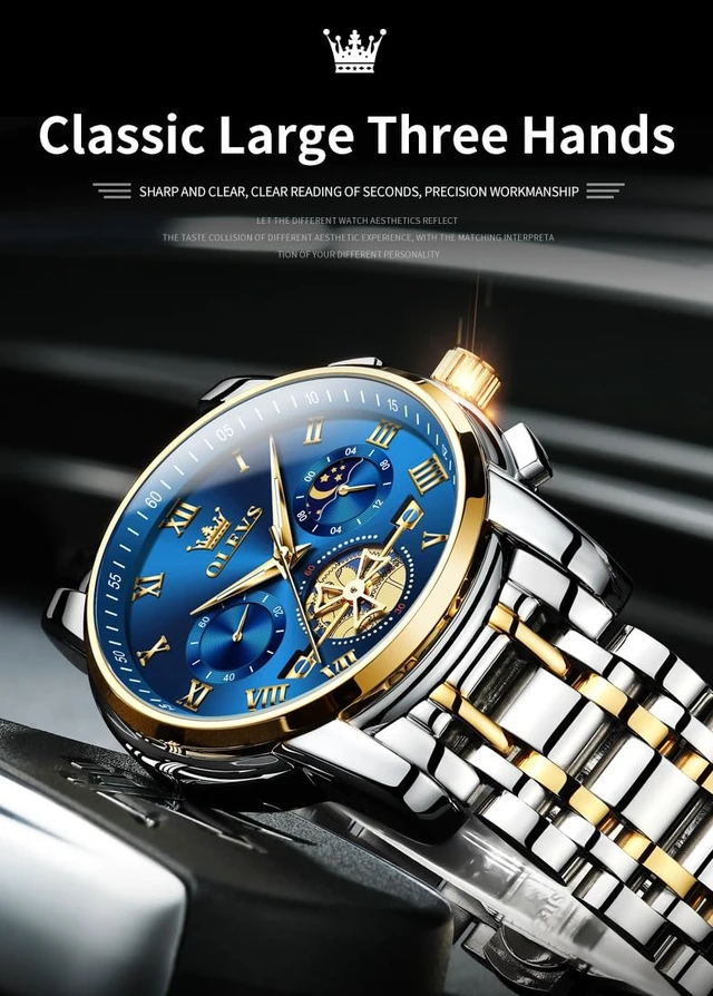 Alt view image 7 of 7 - Blue Watches for Men Luxury Analog Stainless Steel Dress Mens Watches | Fashion Mens Wrist Watch Classic Nice Luminous Sport Mens Watches Gold and Silver Chronograph Moon Phase Relojes Para Hombres