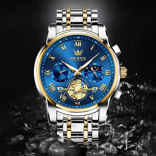 Alt view image 5 of 7 - Blue Watches for Men Luxury Analog Stainless Steel Dress Mens Watches | Fashion Mens Wrist Watch Classic Nice Luminous Sport Mens Watches Gold and Silver Chronograph Moon Phase Relojes Para Hombres