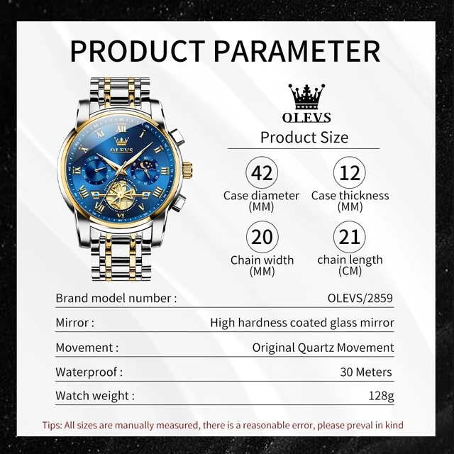 Alt view image 6 of 7 - Blue Watches for Men Luxury Analog Stainless Steel Dress Mens Watches | Fashion Mens Wrist Watch Classic Nice Luminous Sport Mens Watches Gold and Silver Chronograph Moon Phase Relojes Para Hombres