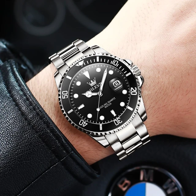 Alt view image 3 of 7 - Watch Men Black Watches for Men Silver Luxury Analog Waterproof | Men's Wrist Watches Fashion Stainless Steel Dress Date Big Face Nice Metal Divers Mens Dress Watches Relojes Para Hombre