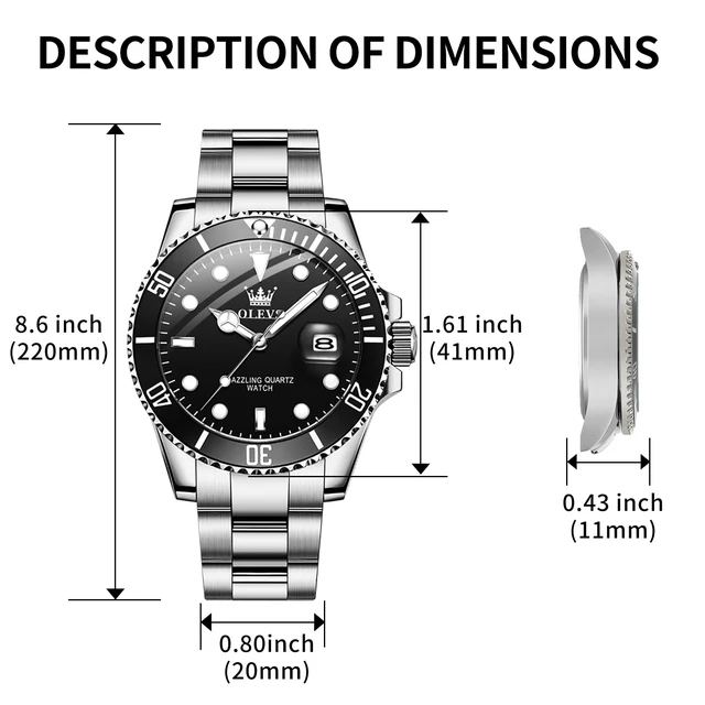 Alt view image 6 of 7 - Watch Men Black Watches for Men Silver Luxury Analog Waterproof | Men's Wrist Watches Fashion Stainless Steel Dress Date Big Face Nice Metal Divers Mens Dress Watches Relojes Para Hombre