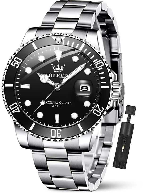 Main image of Watch Men Black Watches for Men Silver Luxury Analog Waterproof | Men's Wrist Watches Fashion Stainless Steel Dress Date Big Face Nice Metal Divers Mens Dress Watches Relojes Para Hombre