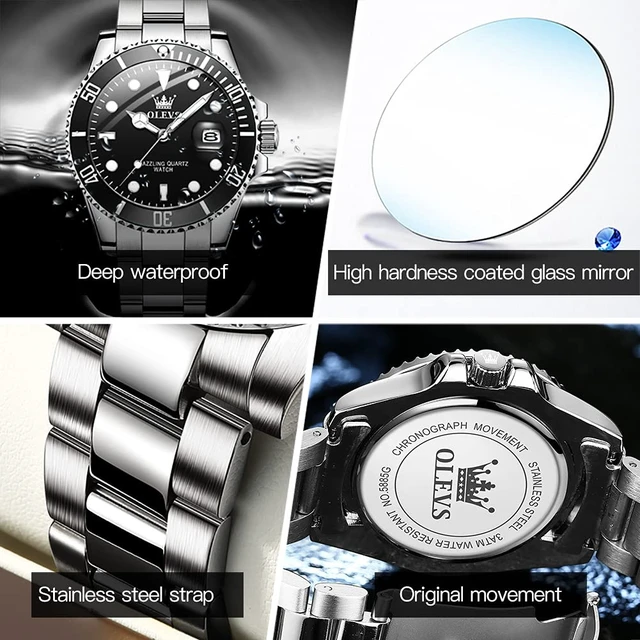 Alt view image 5 of 7 - Watch Men Black Watches for Men Silver Luxury Analog Waterproof | Men's Wrist Watches Fashion Stainless Steel Dress Date Big Face Nice Metal Divers Mens Dress Watches Relojes Para Hombre