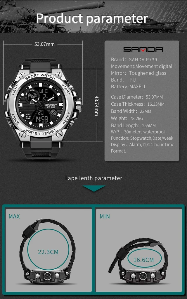 Alt view image 7 of 7 - Men's Watches Sports Outdoor Waterproof Military Watch Date Multi Function Tactics LED Alarm Stopwatch (26_Black)