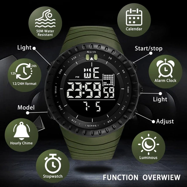 Alt view image 4 of 7 - Men's Watches Sports Outdoor Waterproof Military Watch Date Multi Function Tactics LED Face Alarm Stopwatch for Men (6256 Black)