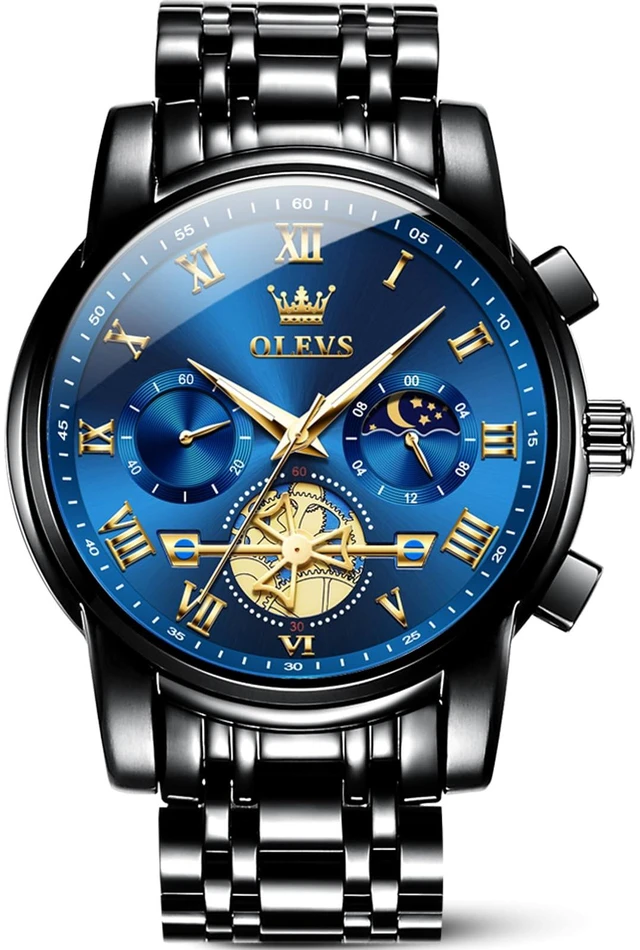 Main image of Blue Mens Watches Black Analog Dress Gift Nice Luxury Watches for Men | Men Watches Waterproof Skeleton Moon Phase Quartz Watches for Men Chronograph Fancy Diamond Large Watch relojes para hombres