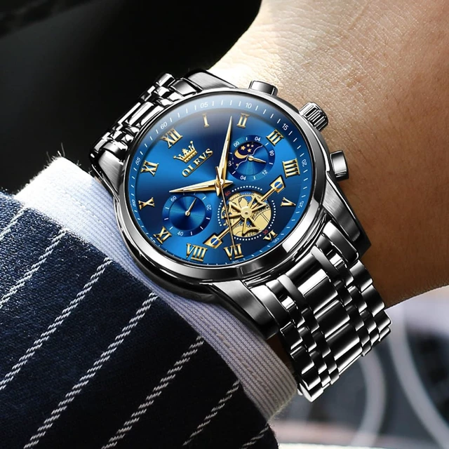 Alt view image 2 of 7 - Blue Mens Watches Black Analog Dress Gift Nice Luxury Watches for Men | Men Watches Waterproof Skeleton Moon Phase Quartz Watches for Men Chronograph Fancy Diamond Large Watch relojes para hombres