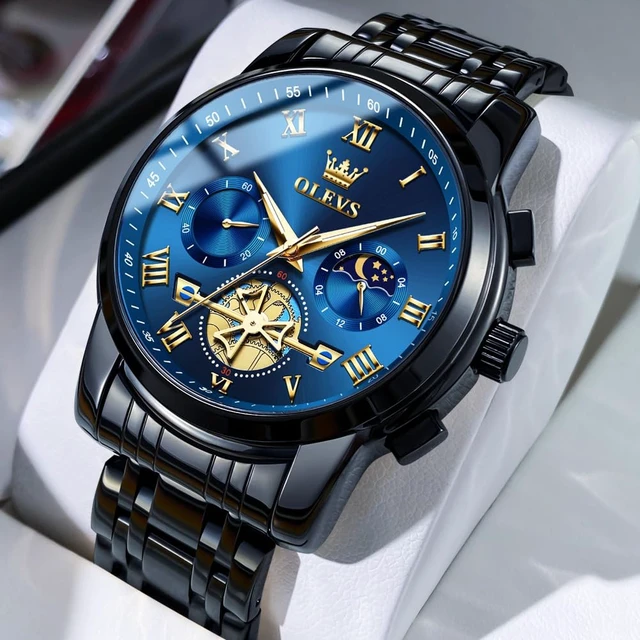 Alt view image 3 of 7 - Blue Mens Watches Black Analog Dress Gift Nice Luxury Watches for Men | Men Watches Waterproof Skeleton Moon Phase Quartz Watches for Men Chronograph Fancy Diamond Large Watch relojes para hombres