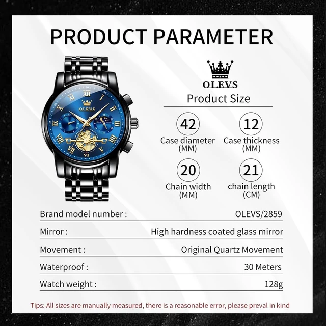 Alt view image 4 of 7 - Blue Mens Watches Black Analog Dress Gift Nice Luxury Watches for Men | Men Watches Waterproof Skeleton Moon Phase Quartz Watches for Men Chronograph Fancy Diamond Large Watch relojes para hombres