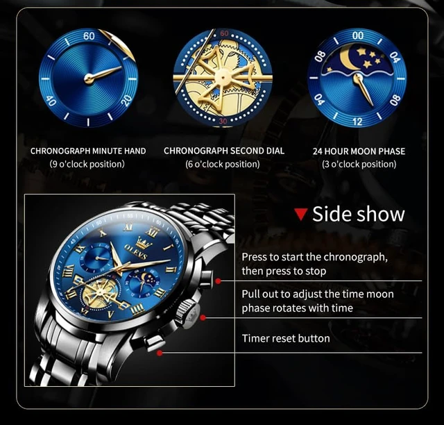 Alt view image 5 of 7 - Blue Mens Watches Black Analog Dress Gift Nice Luxury Watches for Men | Men Watches Waterproof Skeleton Moon Phase Quartz Watches for Men Chronograph Fancy Diamond Large Watch relojes para hombres
