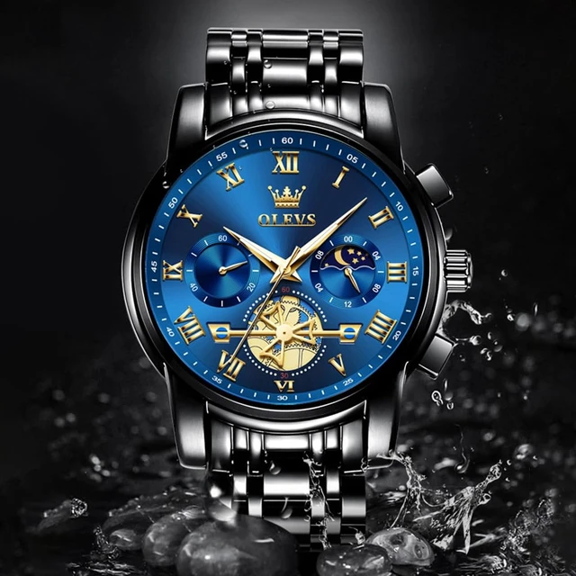 Alt view image 6 of 7 - Blue Mens Watches Black Analog Dress Gift Nice Luxury Watches for Men | Men Watches Waterproof Skeleton Moon Phase Quartz Watches for Men Chronograph Fancy Diamond Large Watch relojes para hombres
