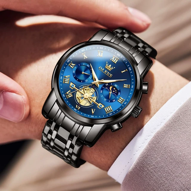 Alt view image 7 of 7 - Blue Mens Watches Black Analog Dress Gift Nice Luxury Watches for Men | Men Watches Waterproof Skeleton Moon Phase Quartz Watches for Men Chronograph Fancy Diamond Large Watch relojes para hombres