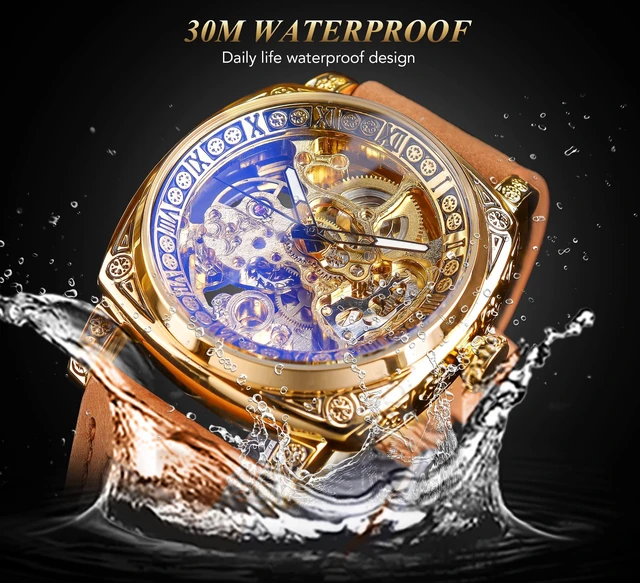 Alt view image 2 of 7 - Watches for Man, Square Retro Mechanical Watch Self-Wind Carved, Skeleton Automatic Watches Vintage Leather Strap Wristwatch