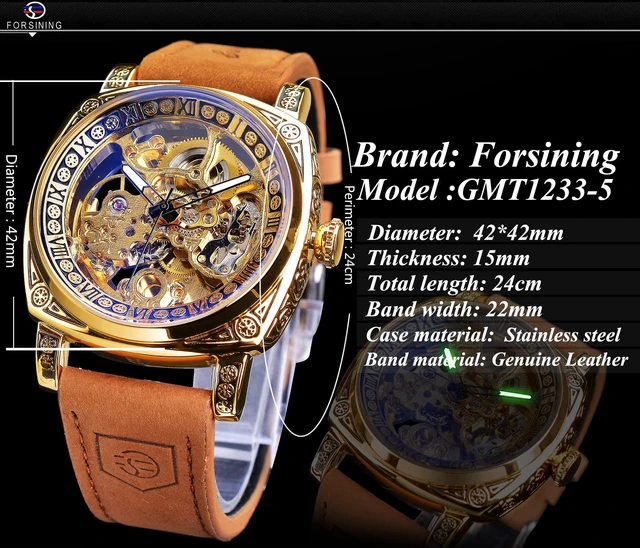 Alt view image 4 of 7 - Watches for Man, Square Retro Mechanical Watch Self-Wind Carved, Skeleton Automatic Watches Vintage Leather Strap Wristwatch