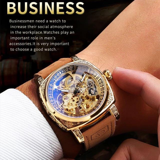 Alt view image 3 of 7 - Watches for Man, Square Retro Mechanical Watch Self-Wind Carved, Skeleton Automatic Watches Vintage Leather Strap Wristwatch