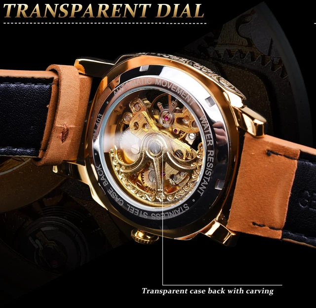 Alt view image 6 of 7 - Watches for Man, Square Retro Mechanical Watch Self-Wind Carved, Skeleton Automatic Watches Vintage Leather Strap Wristwatch