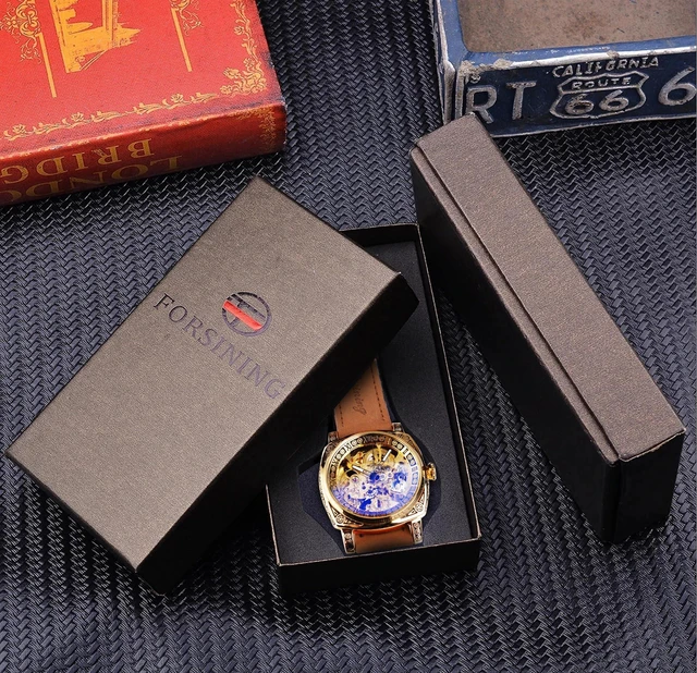 Alt view image 7 of 7 - Watches for Man, Square Retro Mechanical Watch Self-Wind Carved, Skeleton Automatic Watches Vintage Leather Strap Wristwatch