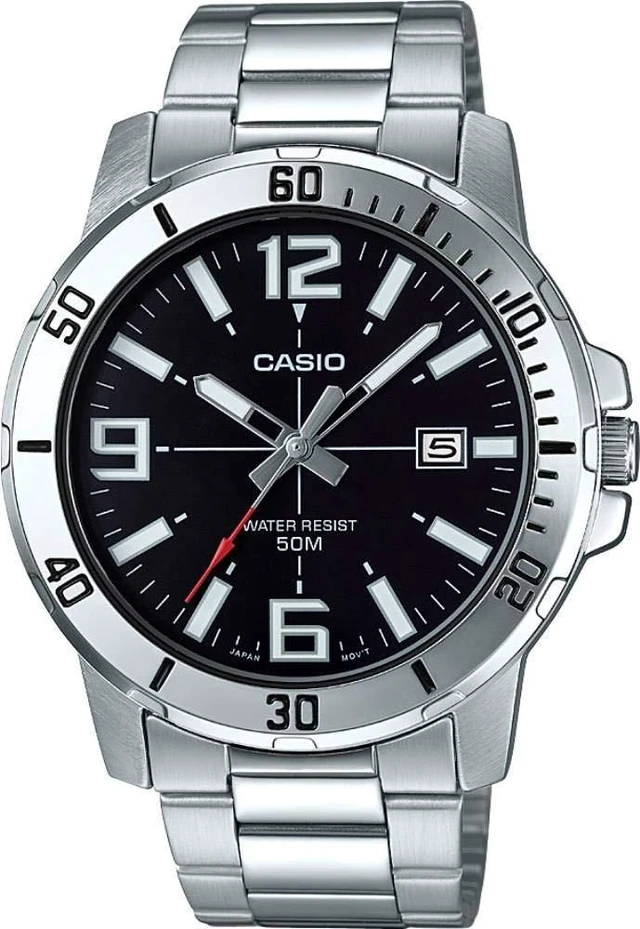 Main image of MTP-VD01D-1BV Men's Enticer Stainless Steel Black Dial Casual Analog Sporty Watch, Silver, 48×42×10.7mm, Quartz Movement