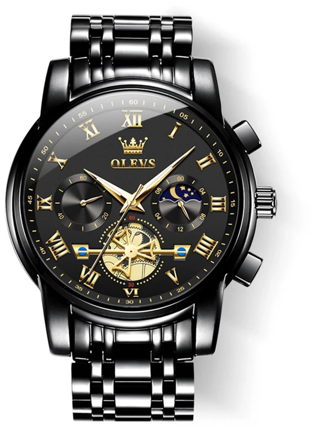 Main image of Watch Men Black Watches for Men Analog Casual Big Luxury Mens Watches | Mens Black Watch Skeleton Quartz Dress Wrist Watch Nice Waterpoof Stainless Steel Chronograph Mens Watch Relojes Para Hombres