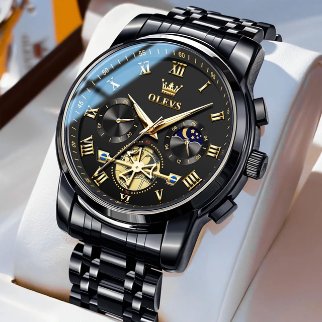 Alt view image 3 of 7 - Watch Men Black Watches for Men Analog Casual Big Luxury Mens Watches | Mens Black Watch Skeleton Quartz Dress Wrist Watch Nice Waterpoof Stainless Steel Chronograph Mens Watch Relojes Para Hombres