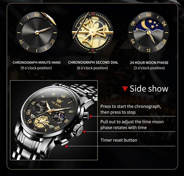 Alt view image 4 of 7 - Watch Men Black Watches for Men Analog Casual Big Luxury Mens Watches | Mens Black Watch Skeleton Quartz Dress Wrist Watch Nice Waterpoof Stainless Steel Chronograph Mens Watch Relojes Para Hombres