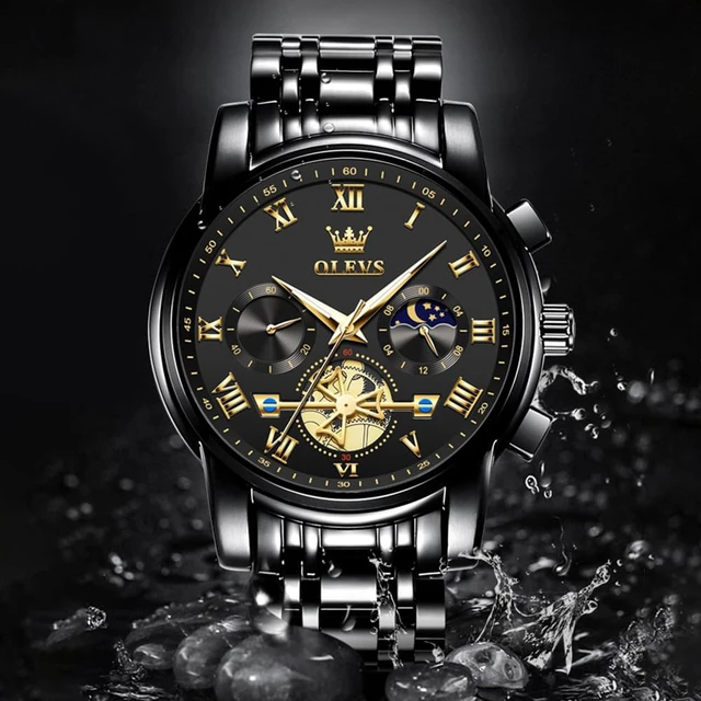 Alt view image 5 of 7 - Watch Men Black Watches for Men Analog Casual Big Luxury Mens Watches | Mens Black Watch Skeleton Quartz Dress Wrist Watch Nice Waterpoof Stainless Steel Chronograph Mens Watch Relojes Para Hombres