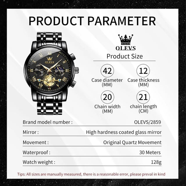 Alt view image 6 of 7 - Watch Men Black Watches for Men Analog Casual Big Luxury Mens Watches | Mens Black Watch Skeleton Quartz Dress Wrist Watch Nice Waterpoof Stainless Steel Chronograph Mens Watch Relojes Para Hombres
