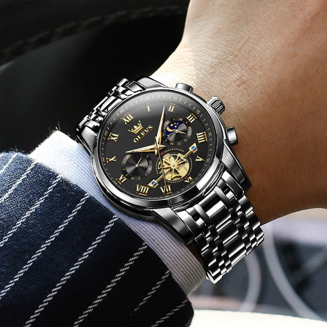 Alt view image 7 of 7 - Watch Men Black Watches for Men Analog Casual Big Luxury Mens Watches | Mens Black Watch Skeleton Quartz Dress Wrist Watch Nice Waterpoof Stainless Steel Chronograph Mens Watch Relojes Para Hombres