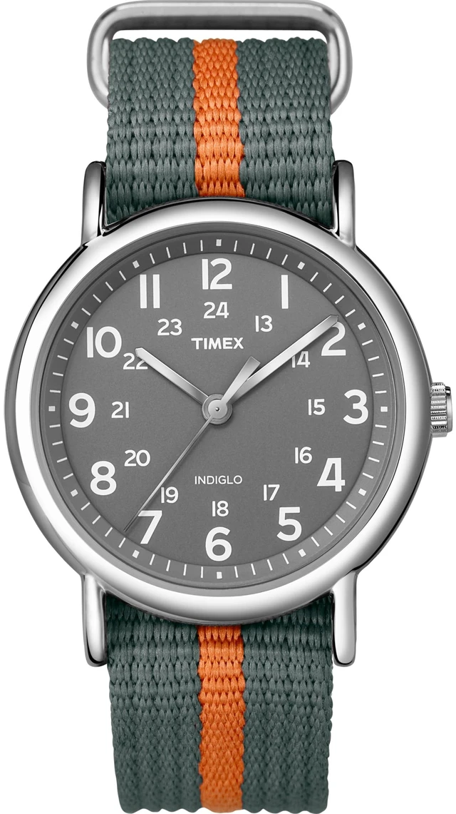 Main image of Unisex Weekender 38mm Watch Silver-Tone Case Gray Dial with Gray & Orange Fabric Slip-Thru Strap