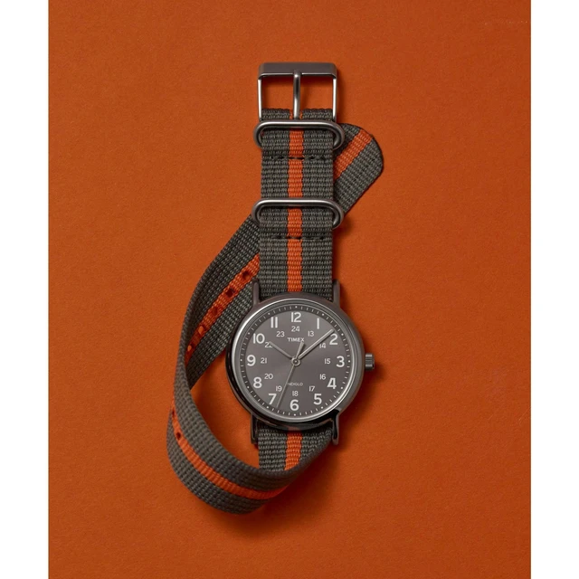 Alt view image 4 of 4 - Unisex Weekender 38mm Watch Silver-Tone Case Gray Dial with Gray & Orange Fabric Slip-Thru Strap