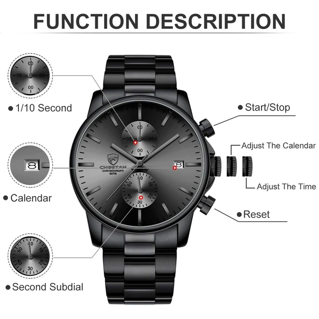 Alt view image 4 of 7 - Men's Watches with Stainless Steel and Metal Casual Waterproof Chronograph Quartz Watch, Auto Date in Grey Hands