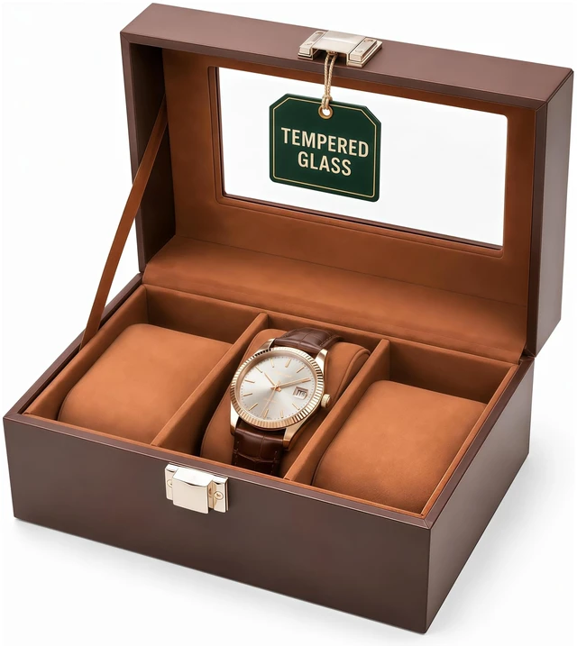 Main image of Watch Box Case for Men, Wooden Display Glass Lid | Watch Storage Organizer for Collection | Ideal Gift for Dad Husband, Anniversary Birthday Present for Men Women