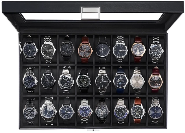 Main image of Watch Box for Men, 24 Slot Display Case with Real Glass Lid | Premium Storage Holder Organizer with Removable Pillows, Gift for Dad & Father's Day & Watch Collectors