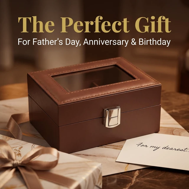 Alt view image 2 of 7 - Watch Box Case for Men, Wooden Display Glass Lid | Watch Storage Organizer for Collection | Ideal Gift for Dad Husband, Anniversary Birthday Present for Men Women