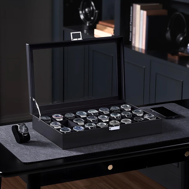 Alt view image 3 of 7 - Watch Box for Men, 24 Slot Display Case with Real Glass Lid | Premium Storage Holder Organizer with Removable Pillows, Gift for Dad & Father's Day & Watch Collectors