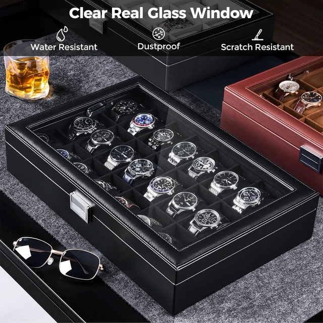 Alt view image 4 of 7 - Watch Box for Men, 24 Slot Display Case with Real Glass Lid | Premium Storage Holder Organizer with Removable Pillows, Gift for Dad & Father's Day & Watch Collectors