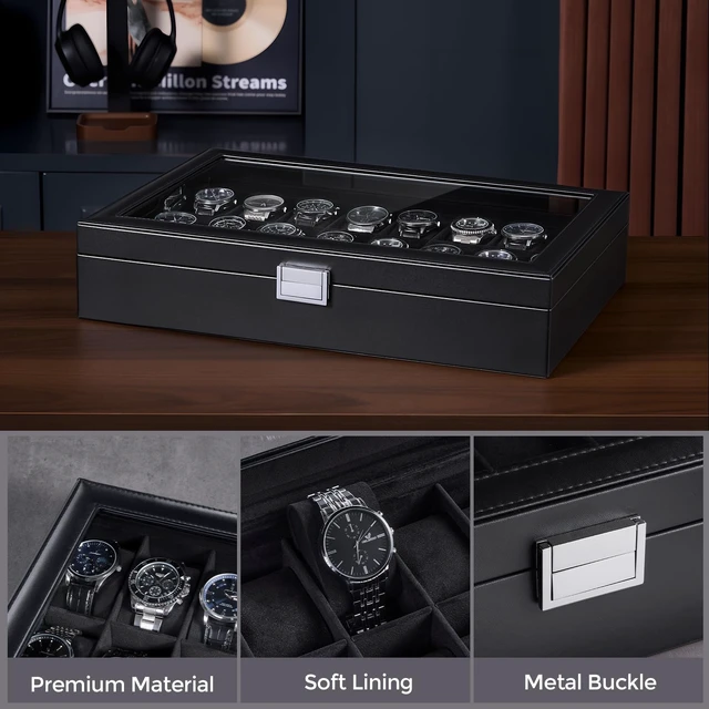 Alt view image 6 of 7 - Watch Box for Men, 24 Slot Display Case with Real Glass Lid | Premium Storage Holder Organizer with Removable Pillows, Gift for Dad & Father's Day & Watch Collectors