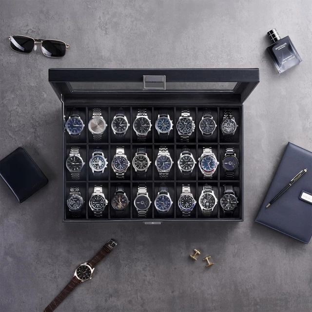 Alt view image 5 of 7 - Watch Box for Men, 24 Slot Display Case with Real Glass Lid | Premium Storage Holder Organizer with Removable Pillows, Gift for Dad & Father's Day & Watch Collectors