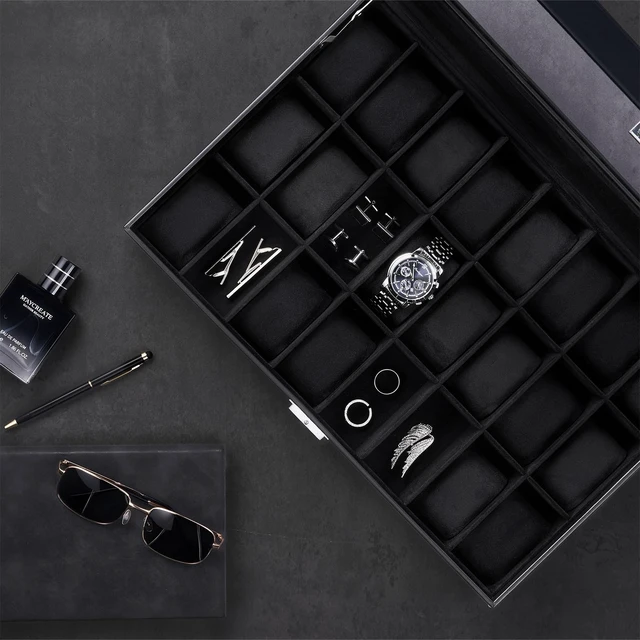 Alt view image 7 of 7 - Watch Box for Men, 24 Slot Display Case with Real Glass Lid | Premium Storage Holder Organizer with Removable Pillows, Gift for Dad & Father's Day & Watch Collectors