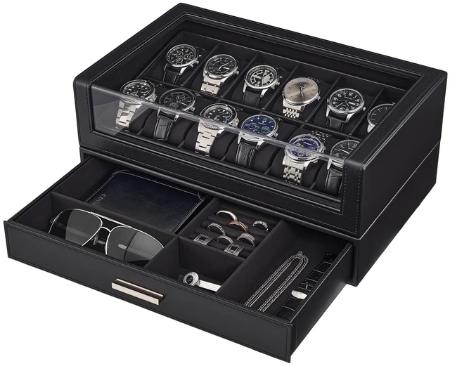 Main image of Watch Box for Men, 12 Slots Watch Display Holder -Black | Clear Acrylic Top, Large Capacity PU Leather Case with Drawer Organizer, Jewelry Storage, Ideal Gift for Men Women