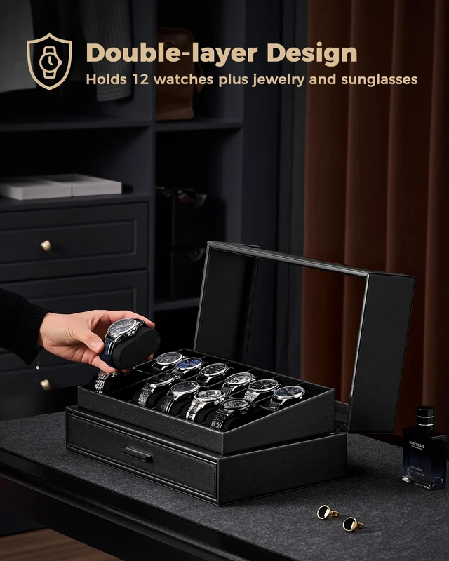 Alt view image 3 of 7 - Watch Box for Men, 12 Slots Watch Display Holder -Black | Clear Acrylic Top, Large Capacity PU Leather Case with Drawer Organizer, Jewelry Storage, Ideal Gift for Men Women