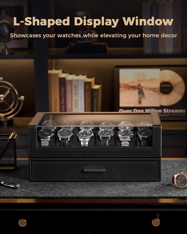 Alt view image 4 of 7 - Watch Box for Men, 12 Slots Watch Display Holder -Black | Clear Acrylic Top, Large Capacity PU Leather Case with Drawer Organizer, Jewelry Storage, Ideal Gift for Men Women