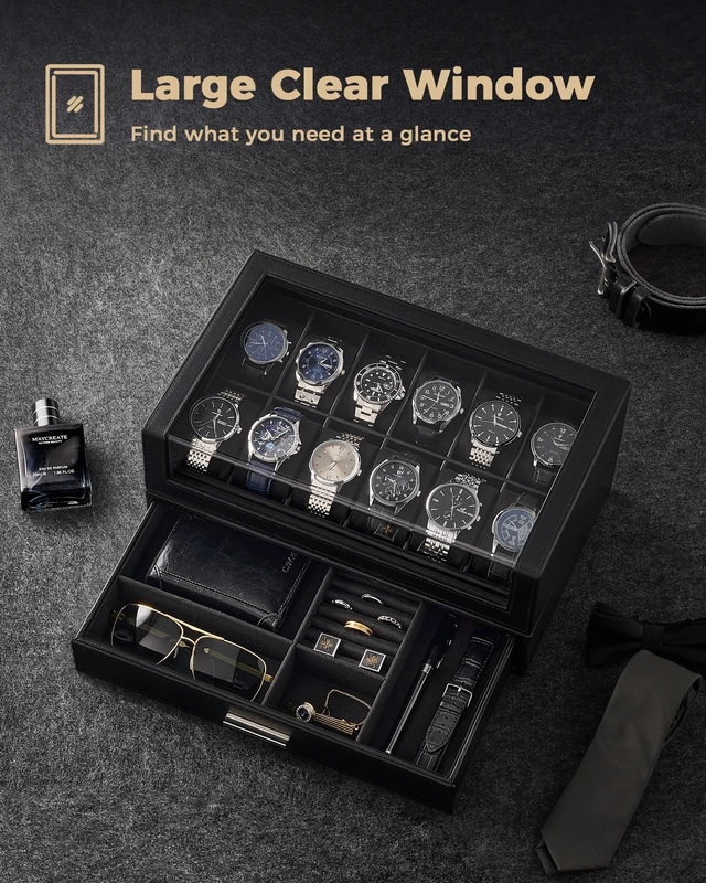 Alt view image 5 of 7 - Watch Box for Men, 12 Slots Watch Display Holder -Black | Clear Acrylic Top, Large Capacity PU Leather Case with Drawer Organizer, Jewelry Storage, Ideal Gift for Men Women