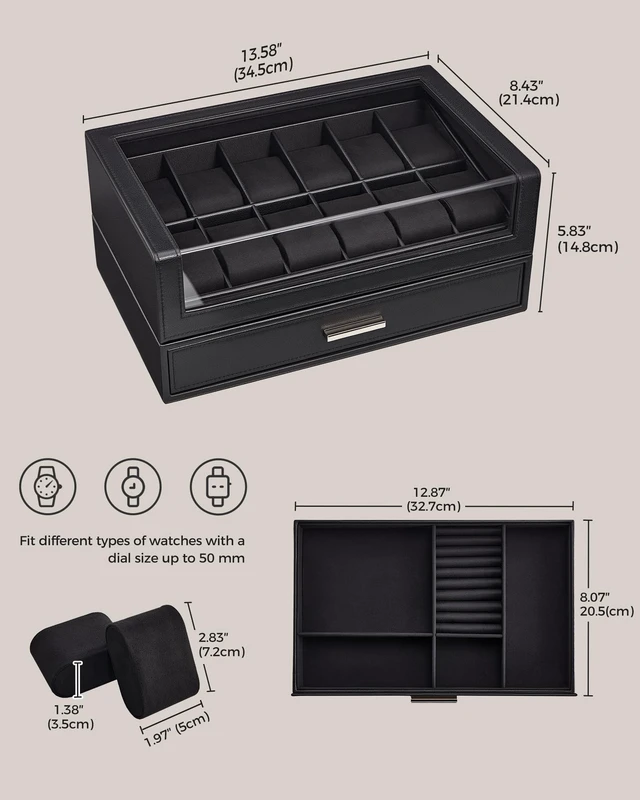 Alt view image 6 of 7 - Watch Box for Men, 12 Slots Watch Display Holder -Black | Clear Acrylic Top, Large Capacity PU Leather Case with Drawer Organizer, Jewelry Storage, Ideal Gift for Men Women