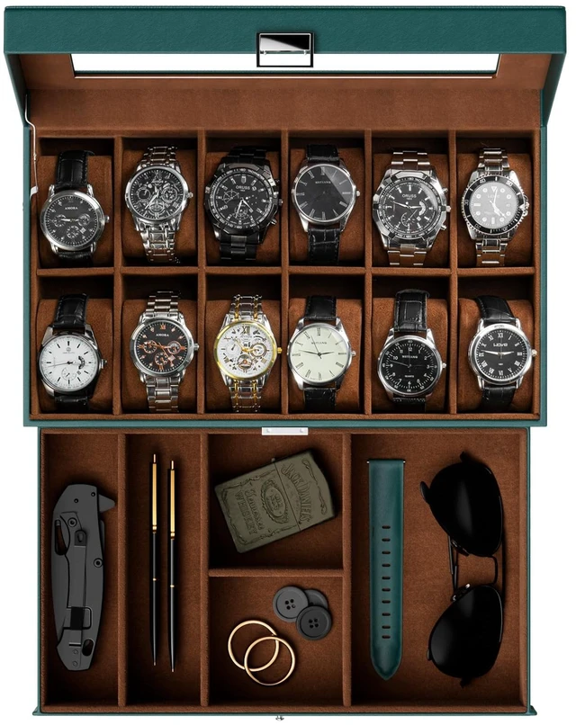 Main image of Watch Box, 12 Slot Watch Case for Men with Drawer, MidnightGreen | 2-Layer Watches Display Case with Glass Lid, Mens Jewelry Box Storage Holder Organizer, Anniversary Christmas Birthday Gift