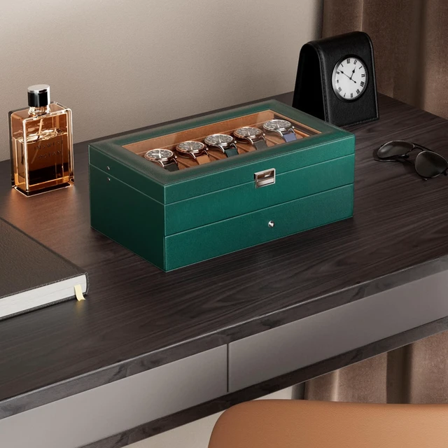 Alt view image 2 of 7 - Watch Box, 12 Slot Watch Case for Men with Drawer, MidnightGreen | 2-Layer Watches Display Case with Glass Lid, Mens Jewelry Box Storage Holder Organizer, Anniversary Christmas Birthday Gift
