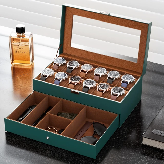 Alt view image 3 of 7 - Watch Box, 12 Slot Watch Case for Men with Drawer, MidnightGreen | 2-Layer Watches Display Case with Glass Lid, Mens Jewelry Box Storage Holder Organizer, Anniversary Christmas Birthday Gift