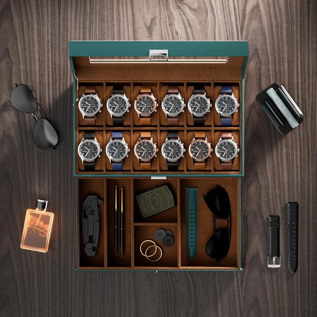 Alt view image 4 of 7 - Watch Box, 12 Slot Watch Case for Men with Drawer, MidnightGreen | 2-Layer Watches Display Case with Glass Lid, Mens Jewelry Box Storage Holder Organizer, Anniversary Christmas Birthday Gift