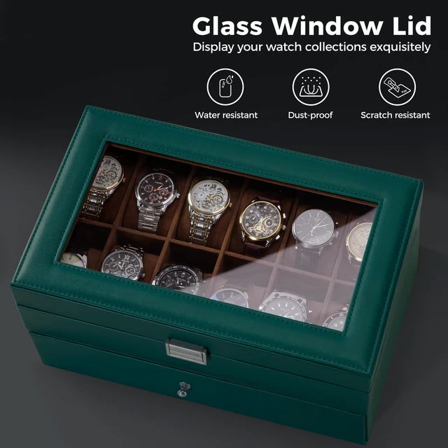 Alt view image 5 of 7 - Watch Box, 12 Slot Watch Case for Men with Drawer, MidnightGreen | 2-Layer Watches Display Case with Glass Lid, Mens Jewelry Box Storage Holder Organizer, Anniversary Christmas Birthday Gift