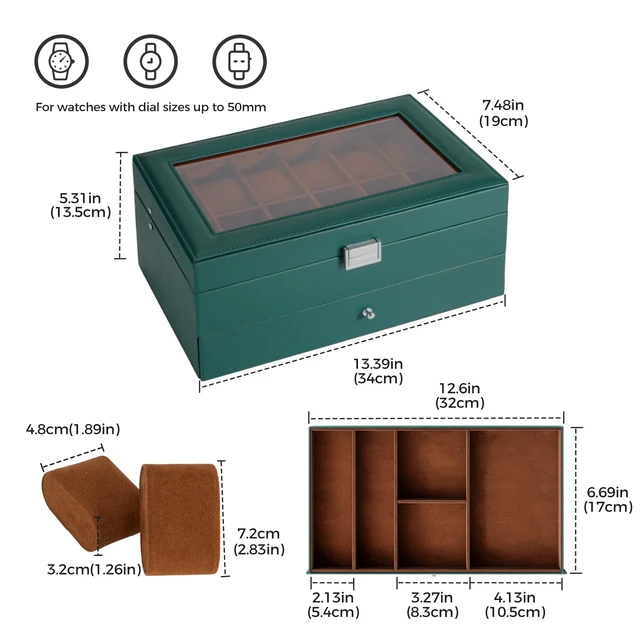 Alt view image 6 of 7 - Watch Box, 12 Slot Watch Case for Men with Drawer, MidnightGreen | 2-Layer Watches Display Case with Glass Lid, Mens Jewelry Box Storage Holder Organizer, Anniversary Christmas Birthday Gift